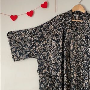 Vintage Treesha kimono long floral navy ochre OS